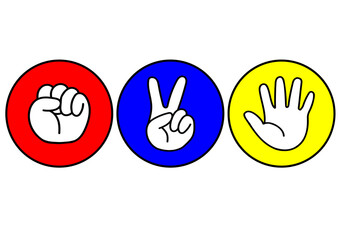 カラフルな円背景にグー・チョキ・パーの手アイコンセット｜グー,チョキ,パー,手,ジャンケン,ポップ,カラフル
