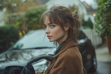 Young woman holding a power supply cable from her electric car, preparing to charge it at home. This image underscores the importance of sustainable living and the shift toward, Generative AI