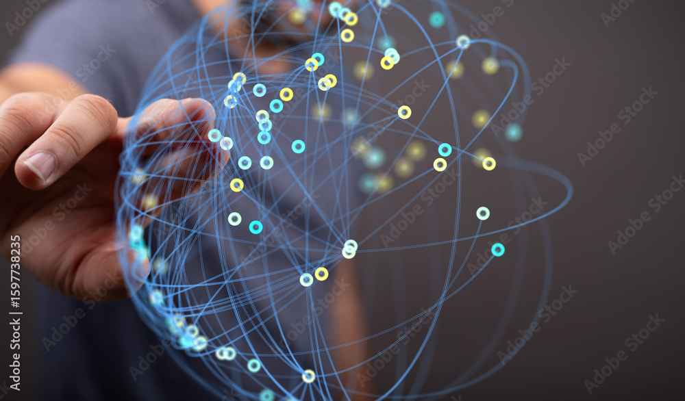 Poster abstract image of a person interacting with a digital network. ideal for technology, communication, 