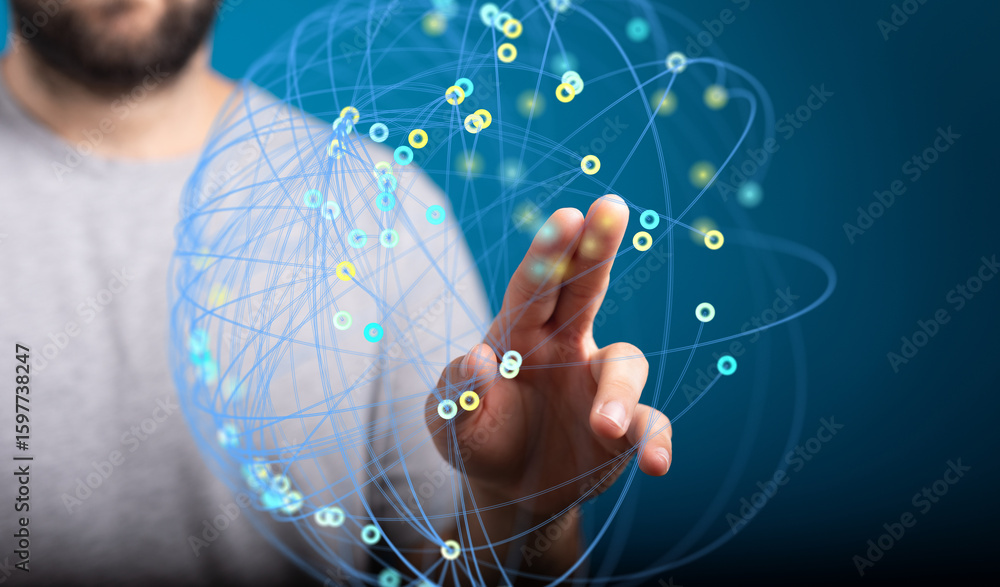 Poster image of a man interacting with a digital global network. perfect for technology, connection, and gl