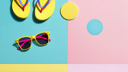 Summer essentials with bright colors and vibrant accessories for a fun and playful vacation vibe symbolizing carefree travel plans
