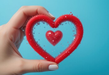 Obraz premium Mano sosteniendo un corazón rojo sobre un fondo azul cielo. Simboliza amor, conexión y cariño