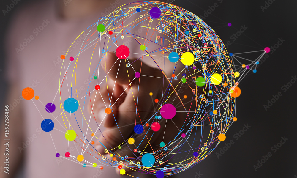 Poster abstract image depicting a global network with colorful nodes and interconnected lines. ideal for te
