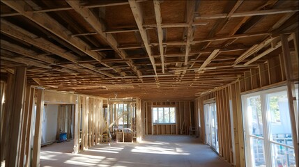 Framing of residential unit in progress with wood beams