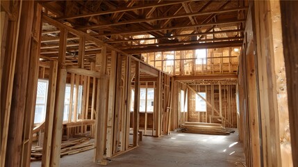 Framing of residential unit in progress with wood beams