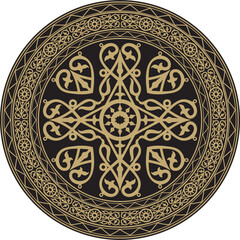 Vector gold on a black background Yakut round ornament. The circle of the ancestors of the northern peoples of the tundra. Talisman, amulet, protection symbol of longevity and infinity.