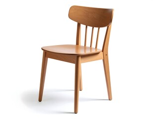 Scandinavian-style wooden chair with natural finish, smooth curved backrest and round legs, isolated on white background with soft realistic shadows