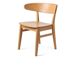Scandinavian-style wooden chair with natural finish, smooth curved backrest and round legs, isolated on white background with soft realistic shadows