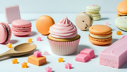 Sweet Treats Galore Cupcake Macarons and Star Candies Creating a Colorful Dessert Scene Food Photography