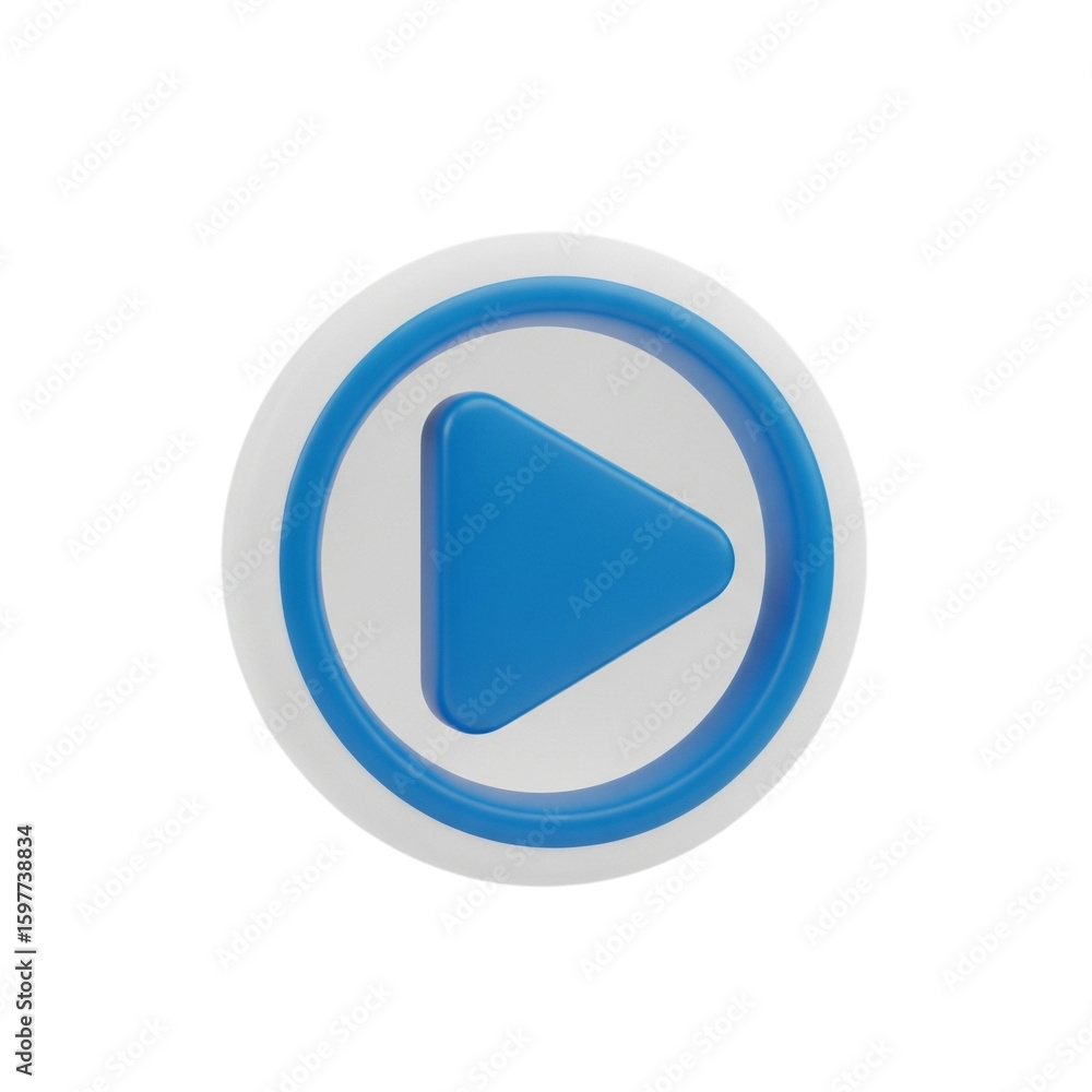 Poster blue and white play button icon with a circular outline isolated on transparent background