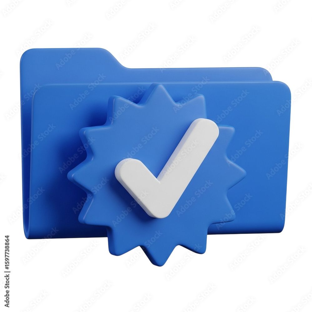Aufkleber blue folder with a white check mark and starburst symbol isolated on transparent background