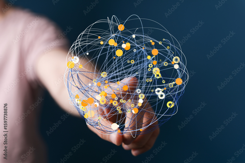 Poster hand interacting with a digital sphere, representing global network connections and data flow.