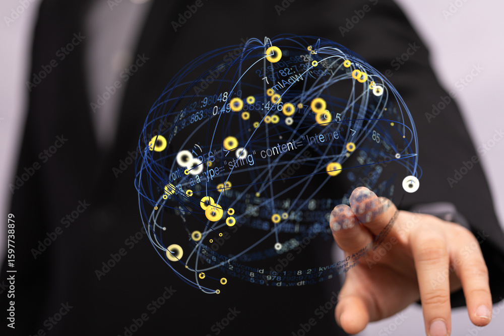 Poster a businessman interacts with a digital globe, visualizing data streams and connections.