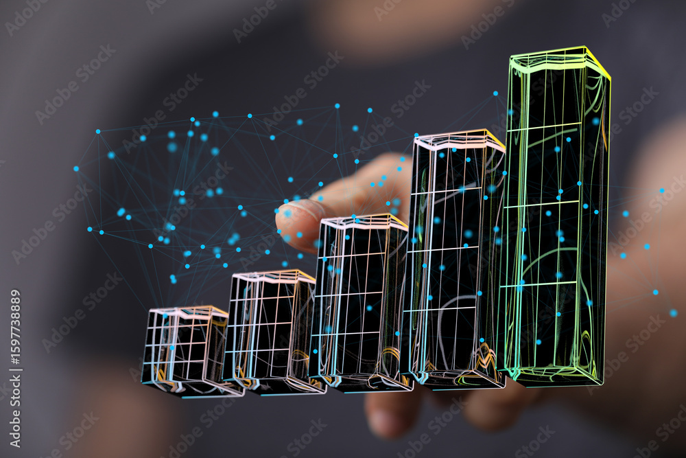 Poster interactive 3d bar chart showing business growth and data analysis.
