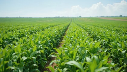 Fototapeta premium Vast green field, crops growing in rows under bright blue sky with scattered clouds. Image conveys agricultural abundance, promise of resilient harvests, suggesting advanced farming techniques for