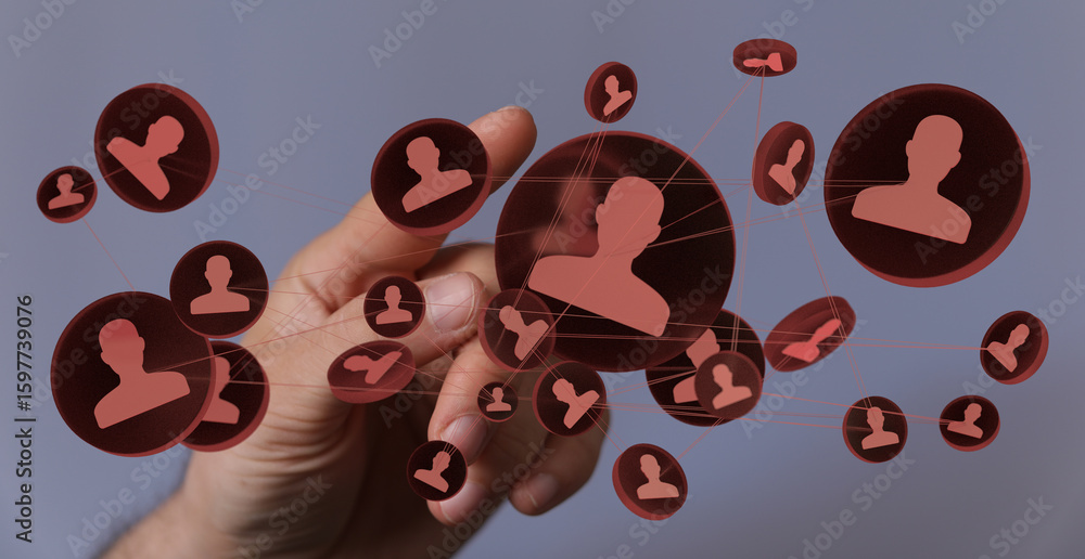Poster hand interacting with a digital network of interconnected profiles. represents global business netwo