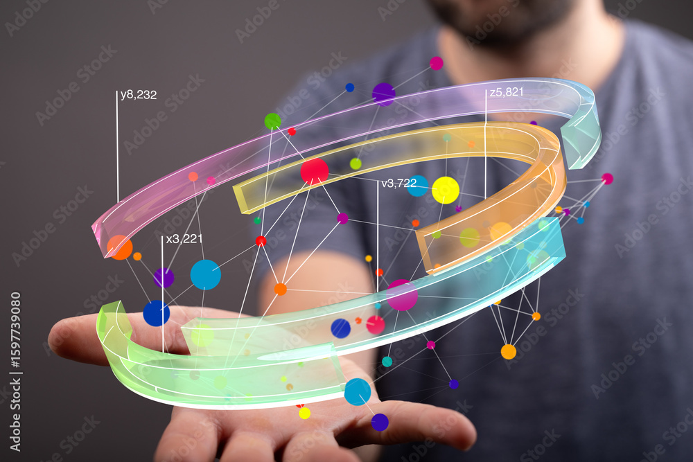 Poster abstract image of a hand holding a colorful 3d network graph. perfect for technology, data analysis,