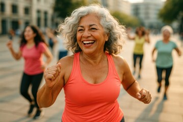 senior latin woman with silver wavy hair dancing zumba outdoors, energetic expression in sportswear, horizontal daylight scene, concept of joyful aging, active latin lifestyle, fitness culture