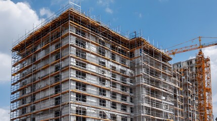 Multi-story building under construction with visible scaffolding and formwork