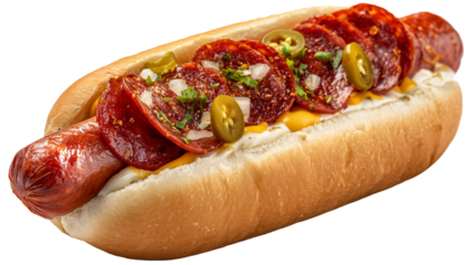 Gourmet hot dog with pepperoni on transparent background