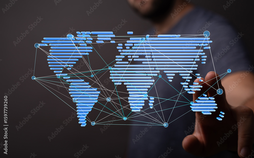 Poster man interacts with a digital world map, showcasing global connectivity and networking.