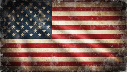 Distressed vintage American flag with faded texture. Red, white stripes, blue field with stars. Grunge style for patriotic celebrations like Memorial Day. Evokes national pride, liberty, heritage.