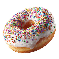 A glazed donut generously covered in rainbow sprinkles, showing a slightly browned, fried texture