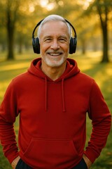 senior man with headphones smiling in park after exercise, autumn background with warm light, concept of mental vitality, fitness for older adults, music wellness industry