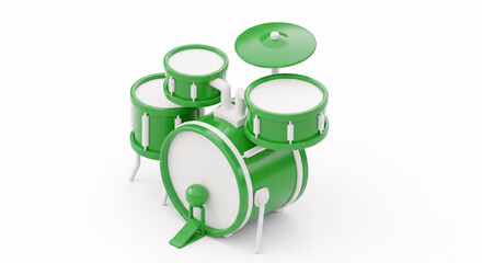 A green and white toy drum kit with a bass drum toms and a cymbal.