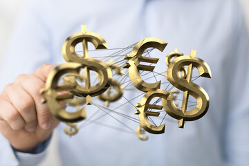 Image of interconnected dollar and euro symbols, representing global finance and currency exchange.