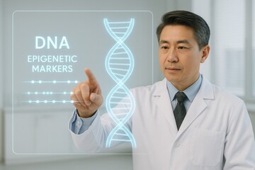 asian male doctor using transparent screen to explain dna and epigenetic markers in clinical setting, concept of digital diagnostics, longevity innovation, precision medicine