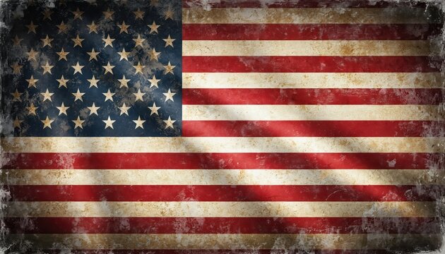 Distressed vintage American flag with faded texture. Red, white stripes, blue field with stars. Grunge style for patriotic celebrations like Memorial Day. Evokes national pride, liberty, heritage.