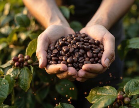 Hands hold pile of freshly roasted coffee beans. Farmer presents organic crop from sustainable plantation. Ethical sourcing, blockchain transparency for greener future.
