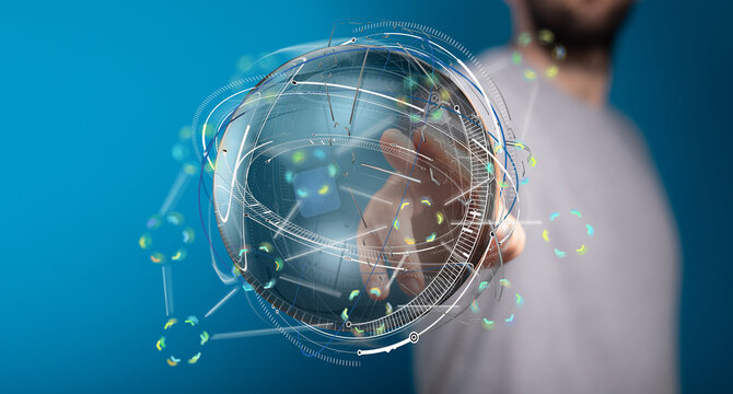 Person interacting with a digital globe, showcasing global network connections and data visualization.