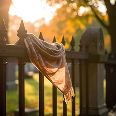 Beige scarf with dark print draped across black iron cemetery fence under soft sunlight with autumn leaves and tombstones in background