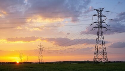 Power transmission lines cross rural landscape under vibrant sunset sky. Tall pylons carry electricity cables across fields. Industrial infrastructure connects distant locations. Evening twilight