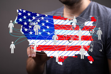 Digital network map of the United States showing connections between people.