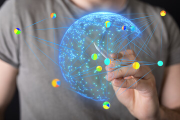 Interactive data visualization, global network,  digital business, analytics, technology,...