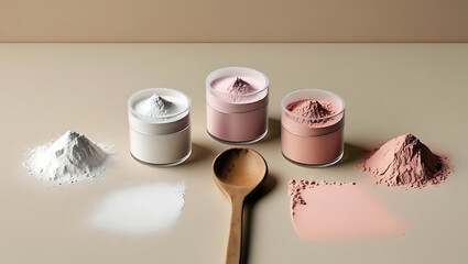 Various Colored Powders in Jars and Piles on a Table Top Displaying Different Hues and Textures with a Wooden Spoon