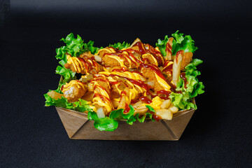 French fries with lettuce and ketchup on a black background