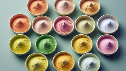 Vibrant Bowls of Colored Powder Pigments for Art and Beauty Products Background and Textures Full Frame
