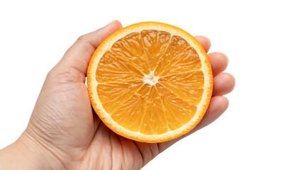Fresh, juicy orange slices held in hand, a vibrant citrus fruit bursting with healthy vitamins on a white background