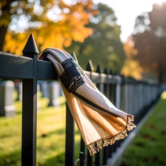 Beige scarf with dark print draped across black iron cemetery fence under soft sunlight with autumn leaves and tombstones in background