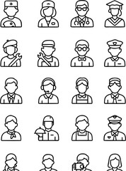 Profession people vector icon set showing various occupations like doctor, teacher, chef, engineer, police, and more. Great for resumes, websites, apps, and career infographics.


