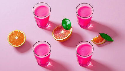 Vibrant Pink Grapefruit Juice in Glasses with Fresh Citrus Fruit Arrangement on a Light Pink Background