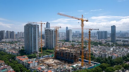 Obraz premium Tower cranes lined across multiple projects in city center