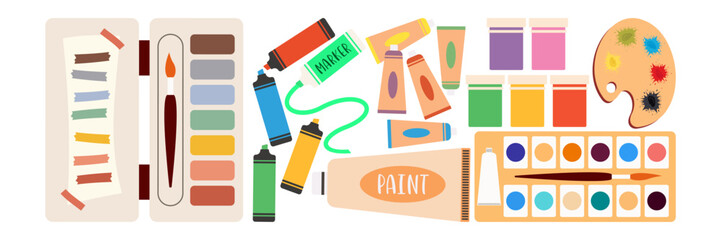 Collection of School and Art Supplies. Flat Illustration