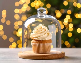 Single vanilla cupcake with golden sprinkles under glass dome on wooden base with warm blurred fairy lights in festive background
