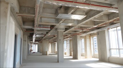 Unfinished building with installed HVAC and pipe systems