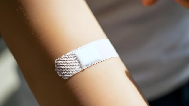 Applying bandage to arm skin close up
